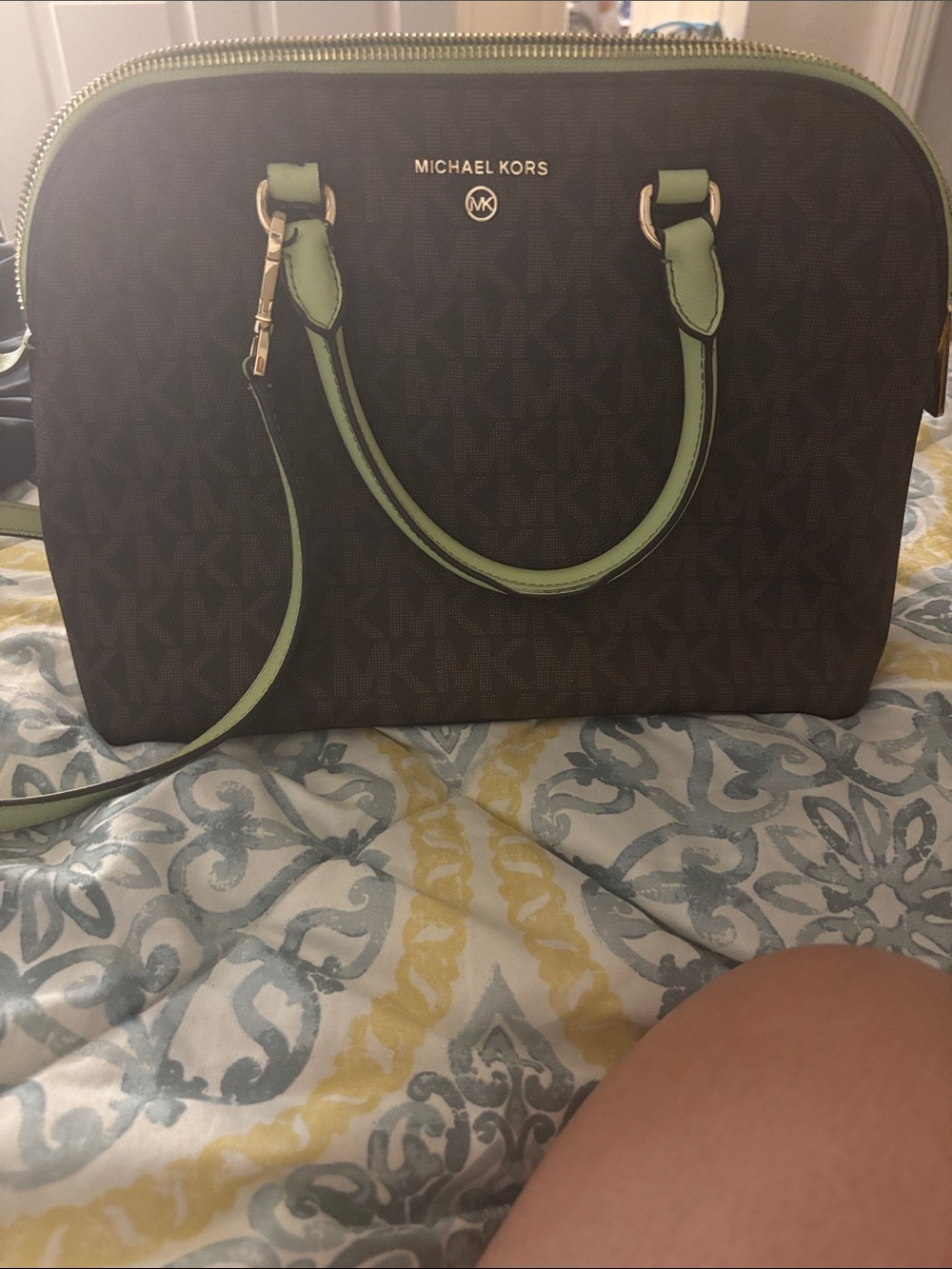 Michael Kors Brown Signature Satchel with Mint Trim